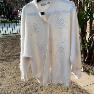 Vintage Eddie Dassin Cream white White Cardigan with Floral Details